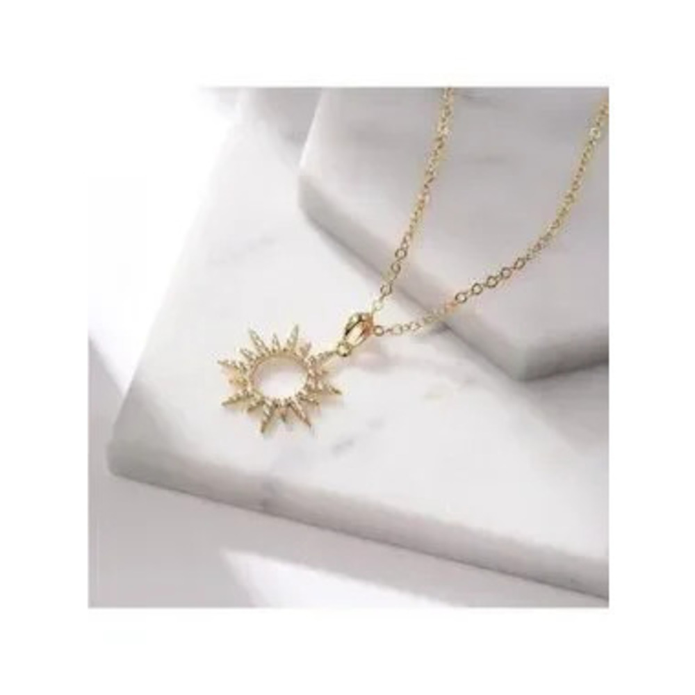 Gold 14k Gold Plated Star Burst Cubic Zirconia Pendant Necklace